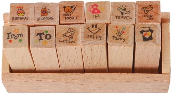 Set di timbri in legno da 12 pezzi - DIY Scrapbook - Timbri mini - Disegni allegri - Scatola in legno