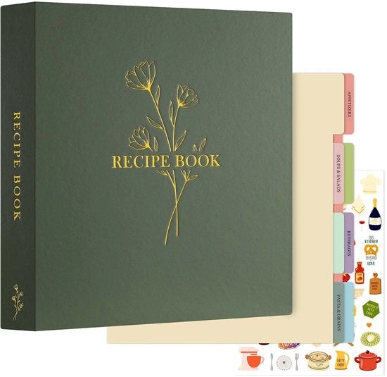 Manuale di cucina con copertina in pelle - 116 pagine - 60 schede per ricette - 8 fogli di separazione - etichette e adesivi - libro delle ricette