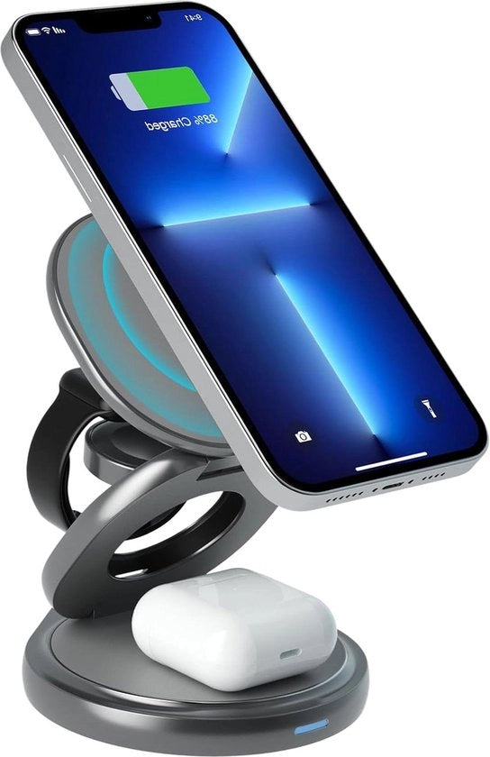Opluchter 360° rotante wireless - Stazione di ricarica wireless pieghevole - Caricatore magnetico per viaggio - Compatibile con serie iPhone 16/15/14/13/12 - Per serie iWatch - Per Pods 3/2/Pro