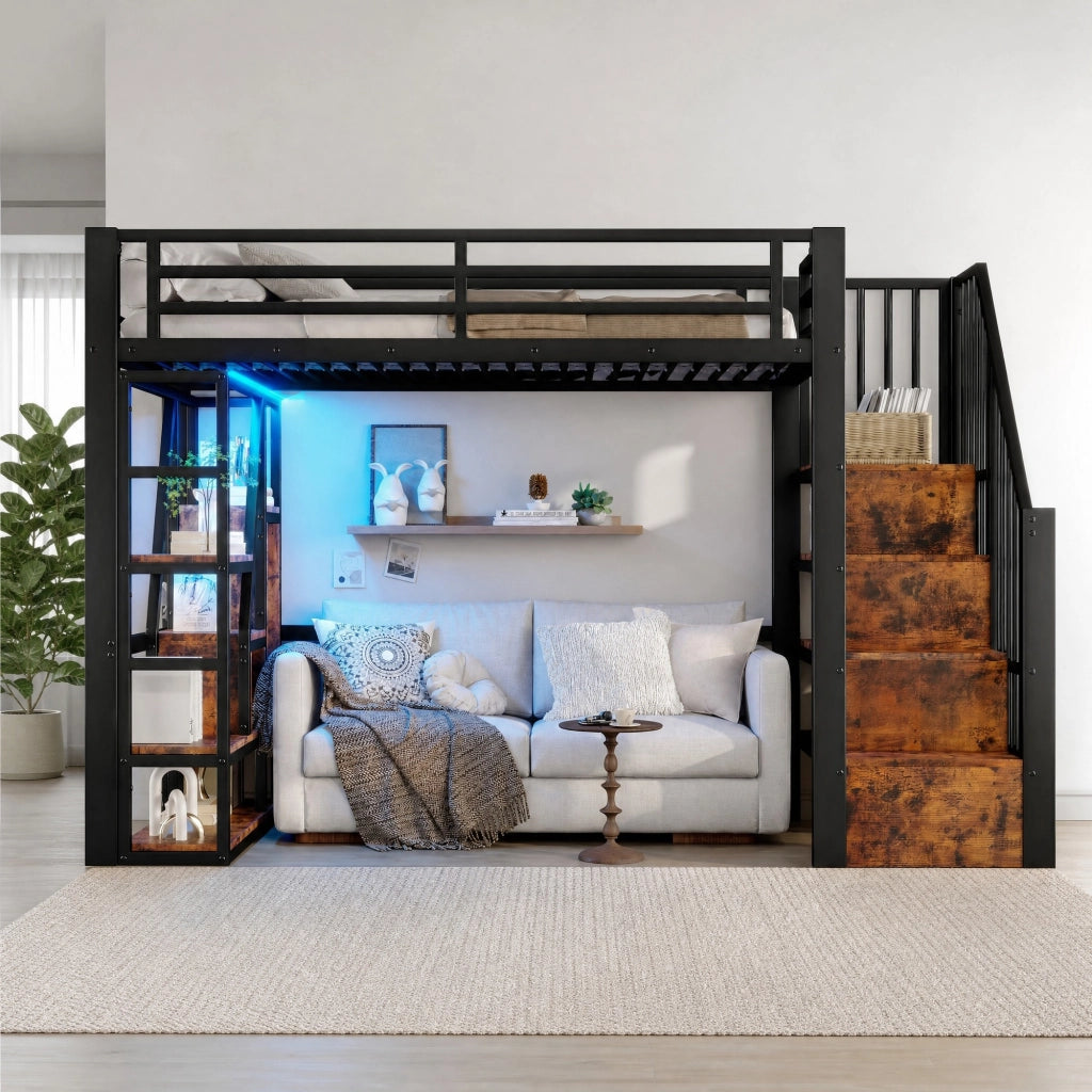 LETTO a soppalco 90x200 cm in metallo e MDF nero con scala e LED