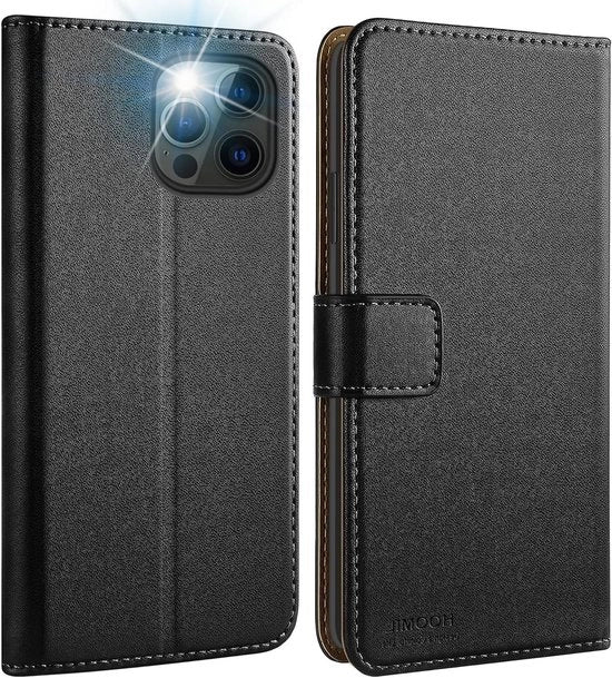 Custodia Premium per iPhone 12 Pro Max - Echt Pelle - Nero - Protezione con Disegno Ripiegabile e Magnetico