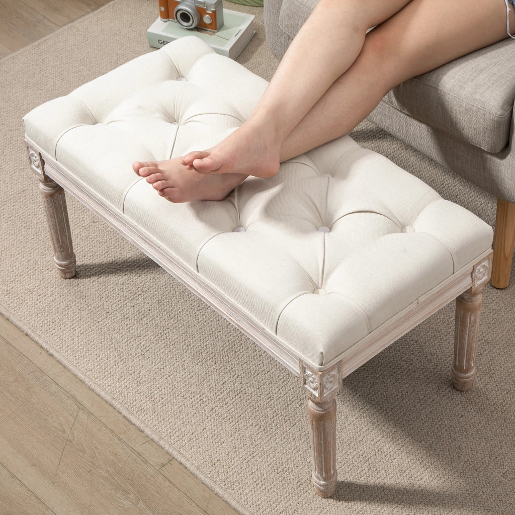 Pouf Imbottito in Tessuto e Legno ¨C Minimal ¨C 80x40x43 cm, Cremewei?