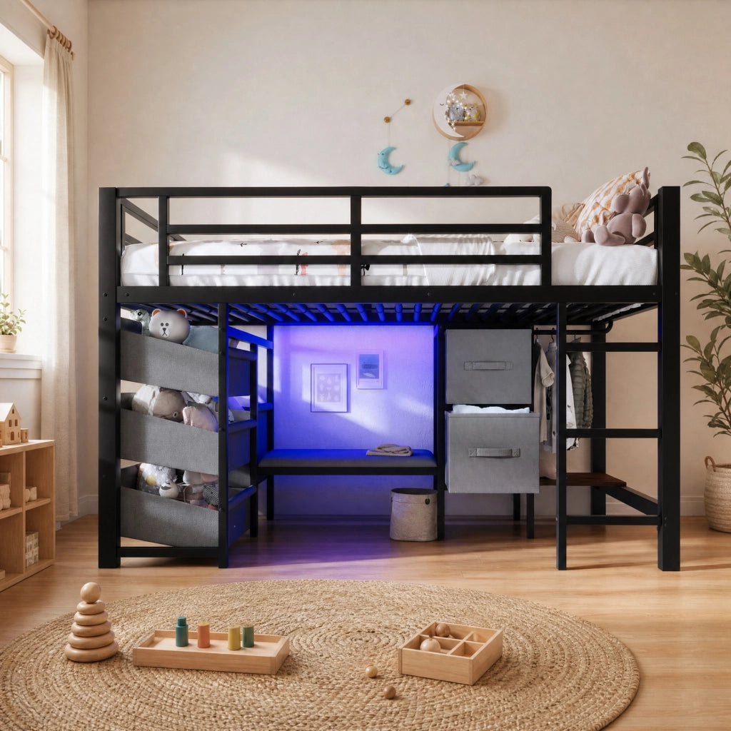 LETTO a metà altezza 90x200 cm Metallo Nero con cuscino, LED e vani portaoggetti