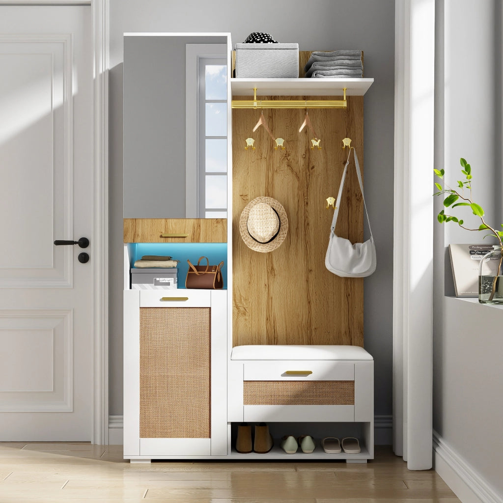 ARMADIO INGRESSO 110x38x190 cm Bianco/Legno con Specchio e LED