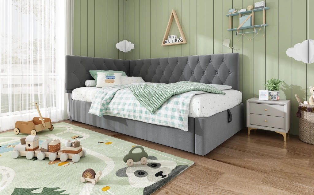 DESMIU Divano letto 90 × 190 cm 1 posto con contenitore idraulico e testiera reversibile, senza materasso, in velluto, grigio