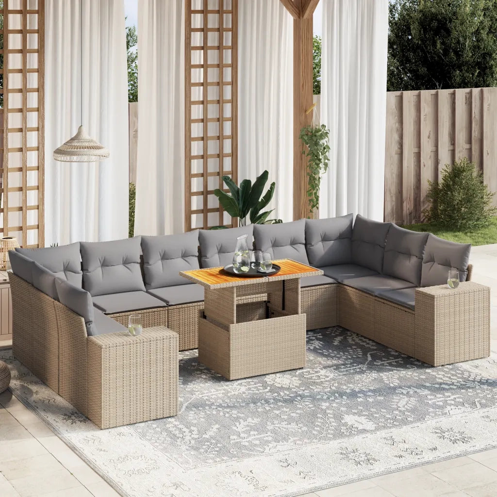 Set Divani da Giardino 11 pz con Cuscini Beige in Polyrattan