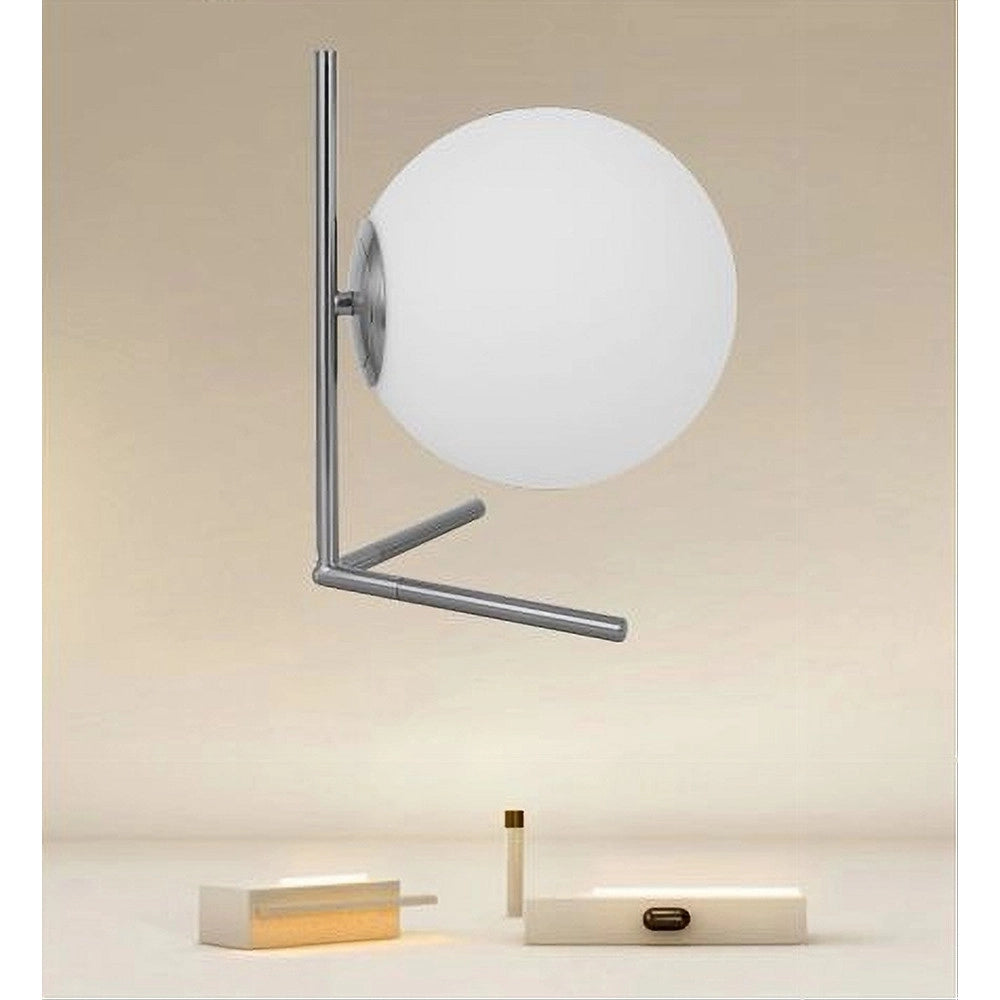 Trade Shop - Lampada Da Tavolo Scrivania Ramo Con Sfera In Vetro Luce Attacco E27 Argento 33887 -