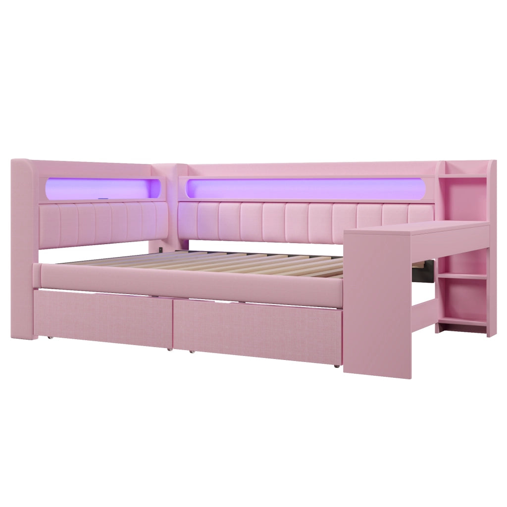 Daybed imbottito 140x200 cm rosa con USB, LED, scrivania e 2 cassetti