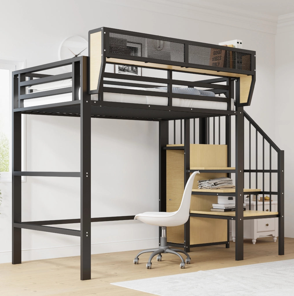 Letto a soppalco 90x200 in metallo con scala di sicurezza e ripiano flessibile, nero