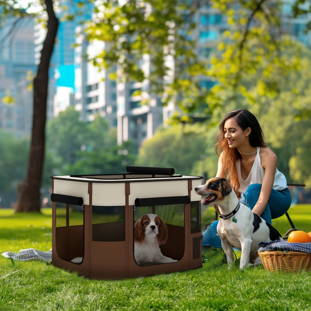 Box per Animali 74x60x45 cm con 6 Finestre 3 Porte e 2 Borse Portaoggetti in Poliestere e Acciaio Marrone