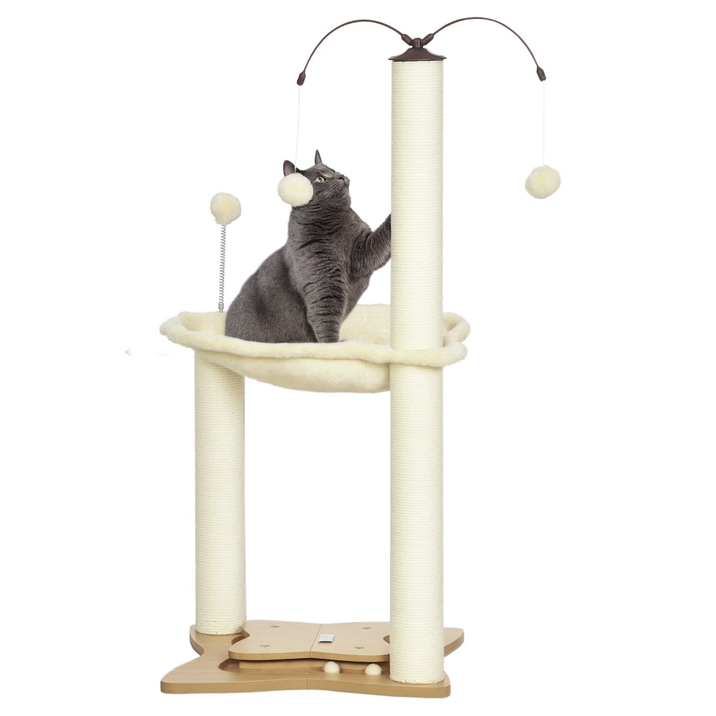 Tiragraffi per Gatti con Amaca, Palline e Pali in Sisal ¨C Minimal ¨C Beige, 53.5x53.5x90 cm