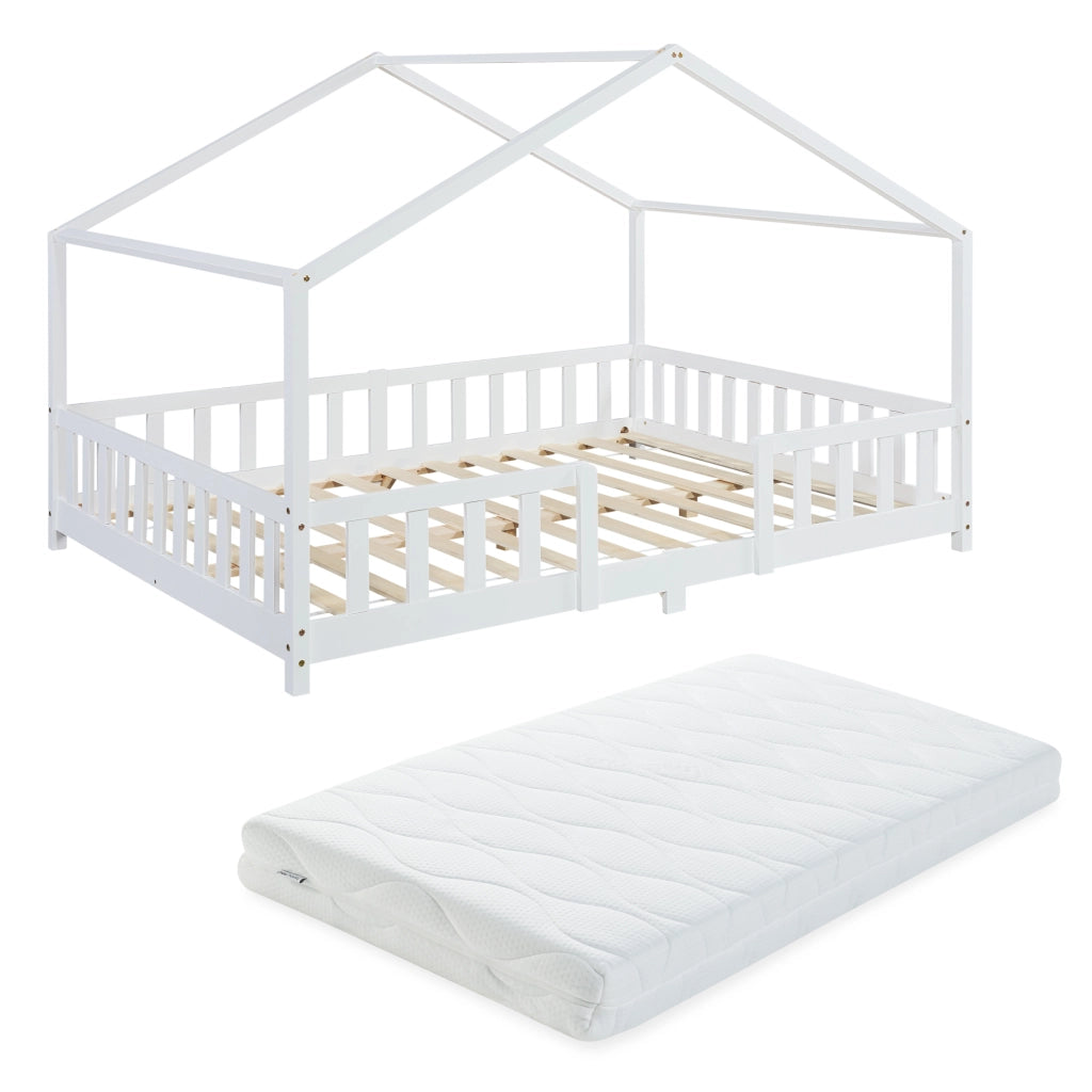 Letto per Cameretta Treviolo a Forma di Casetta in Stile Montessori con Materasso 140x200 cm - Bianco [en.casa]