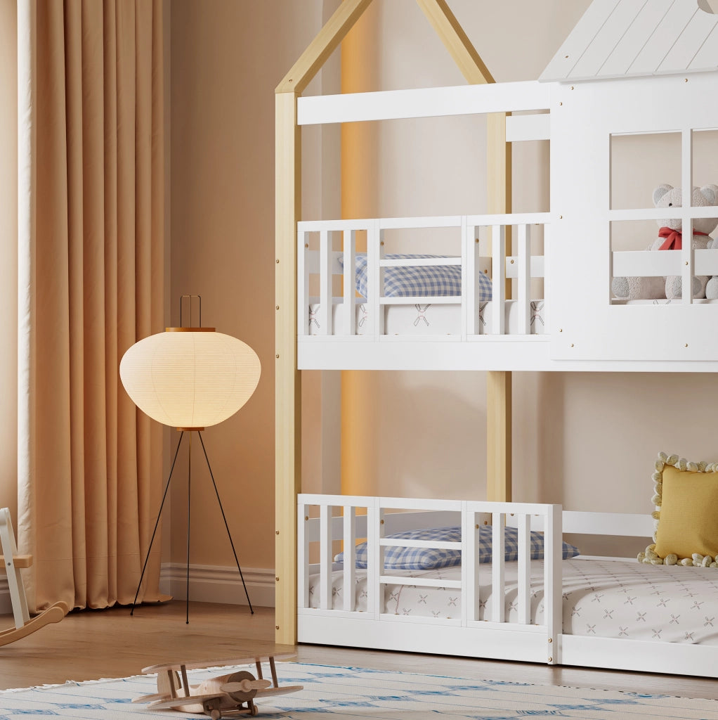 Letto a castello a casetta con scala contenitore, sponde di sicurezza e design con finestre