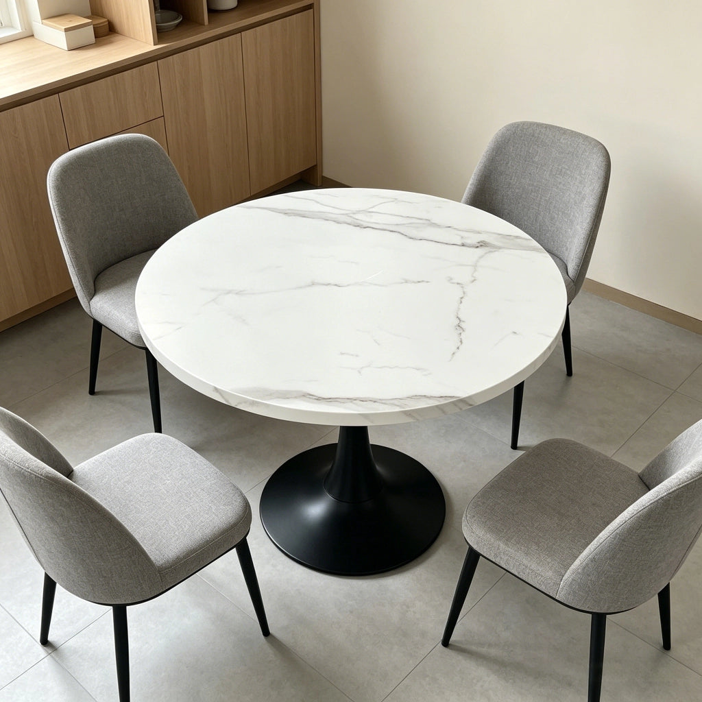 Tavolo rotondo moderno da 80 cm con piano effetto marmo bianco e base in metallo nero