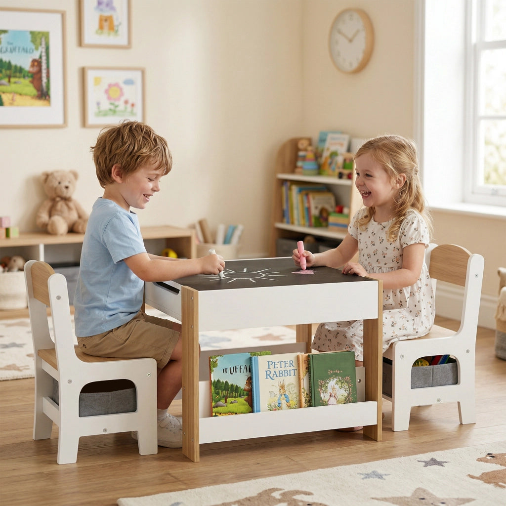 Tavolo per Bambini con Sgabelli e Pannello ¨C Minimal ¨C Bianco e Naturale 90x50x55