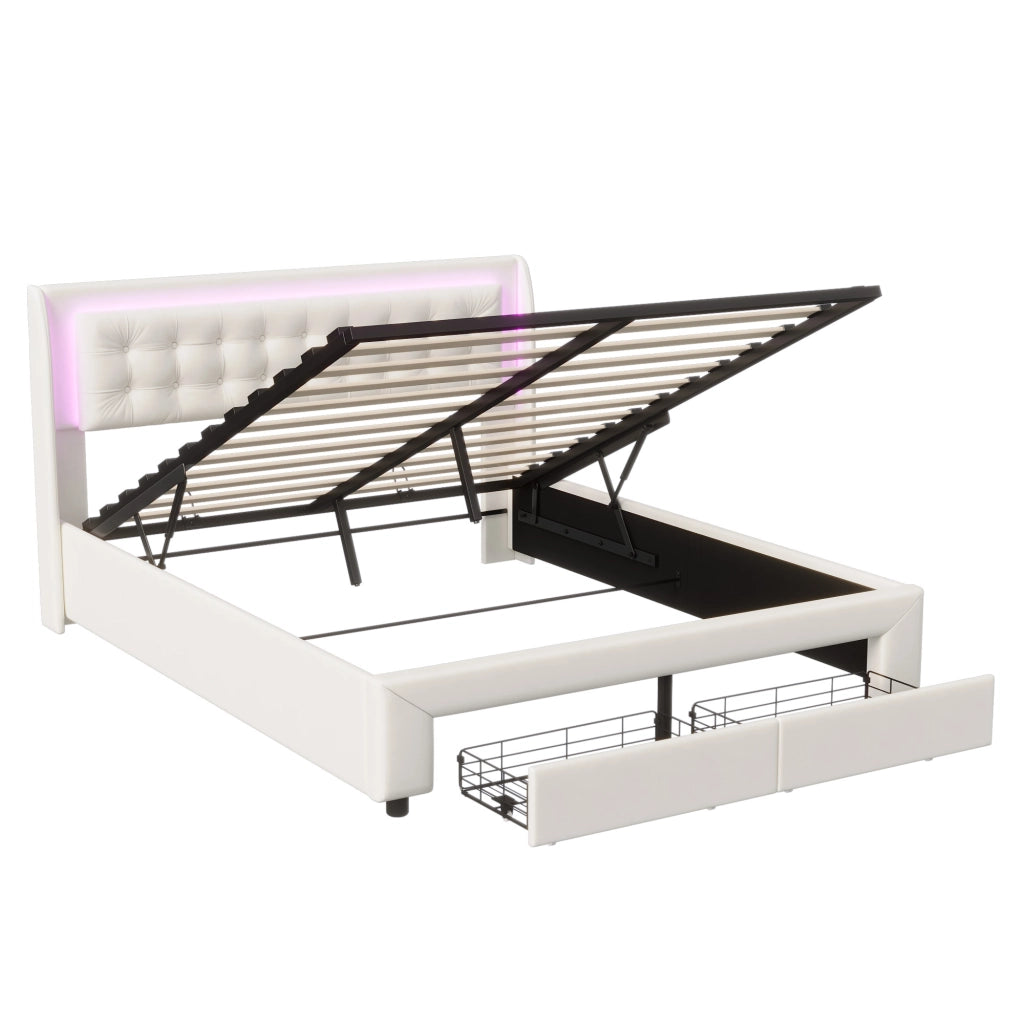 Letto matrimoniale contenitore idraulico 180x200 cm, imbottito velluto beige, testiera LED RGB telecomandata, 2 cassetti, 350kg