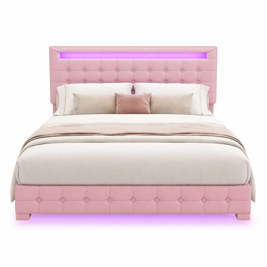 Letto flottante 140x200 cm con luce LED e testiera regolabile, rosa