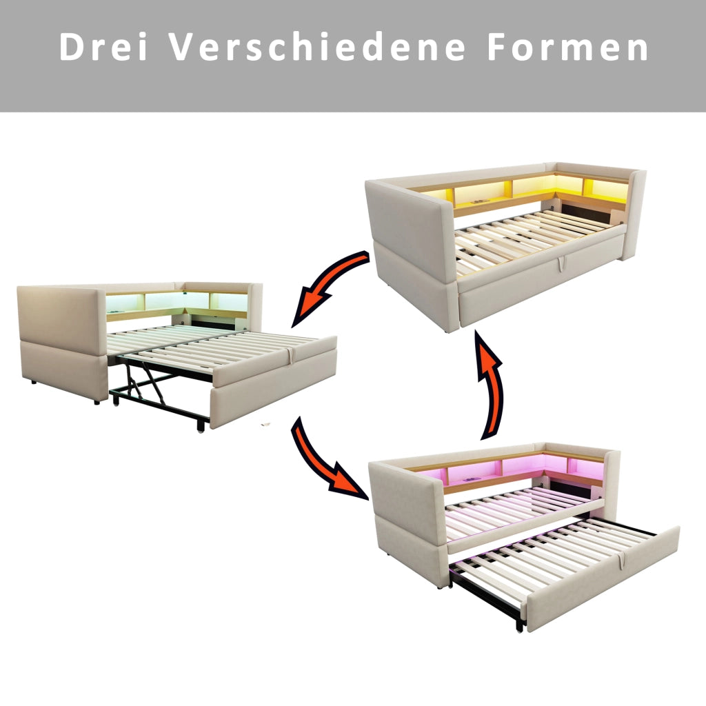 OKWISH Letto Divano Estraibile 90×190 cm e 180×190 cm, Letto Singolo con LED Regolabile, Prese e Scomparti, senza Materasso, Beige