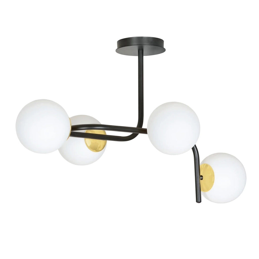Lampadario 4 Luci Kalf Acciaio Nero A Bracci Curvi E Sfere Vetro Opalino E Oro