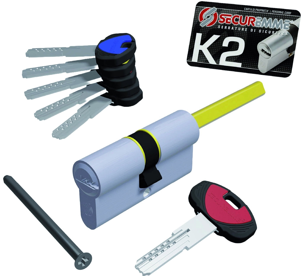 Securemme CILINDRO CROMO SATINATO K2 CON CODOLO 5 chiavi mm. 65 (30+35)