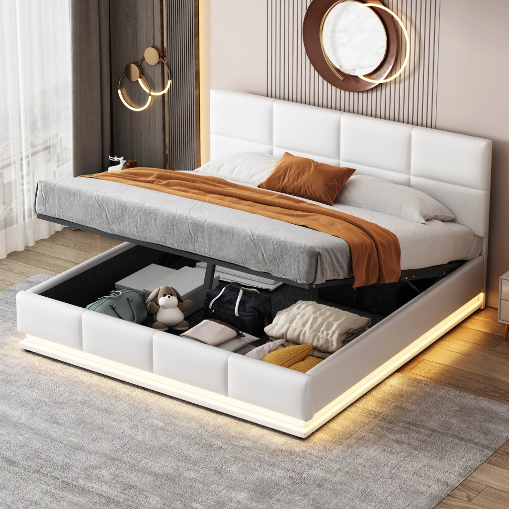Letto imbottito 160x200 cm con LED, rete a doghe in metallo e contenitore, letto matrimoniale idraulico, bianco