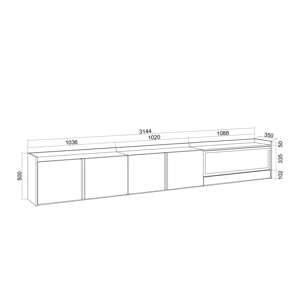 Mobile TV Soggiorno, 315x50x35 cm, Per TV fino a 80", Camino elettrico XXL, Sospeso, da appendere, Led, Rovere e nero