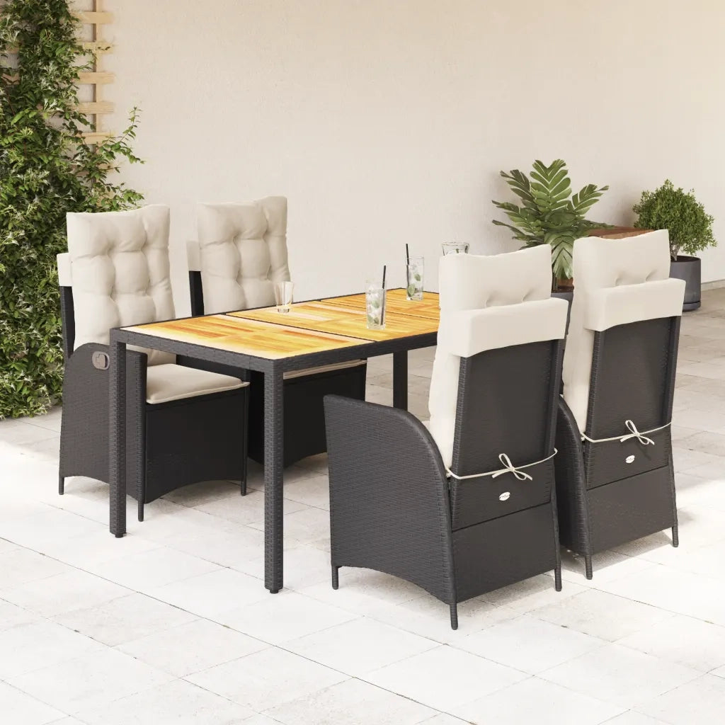 Set da Pranzo da Giardino 5 pz Nero con Cuscini in Polyrattan