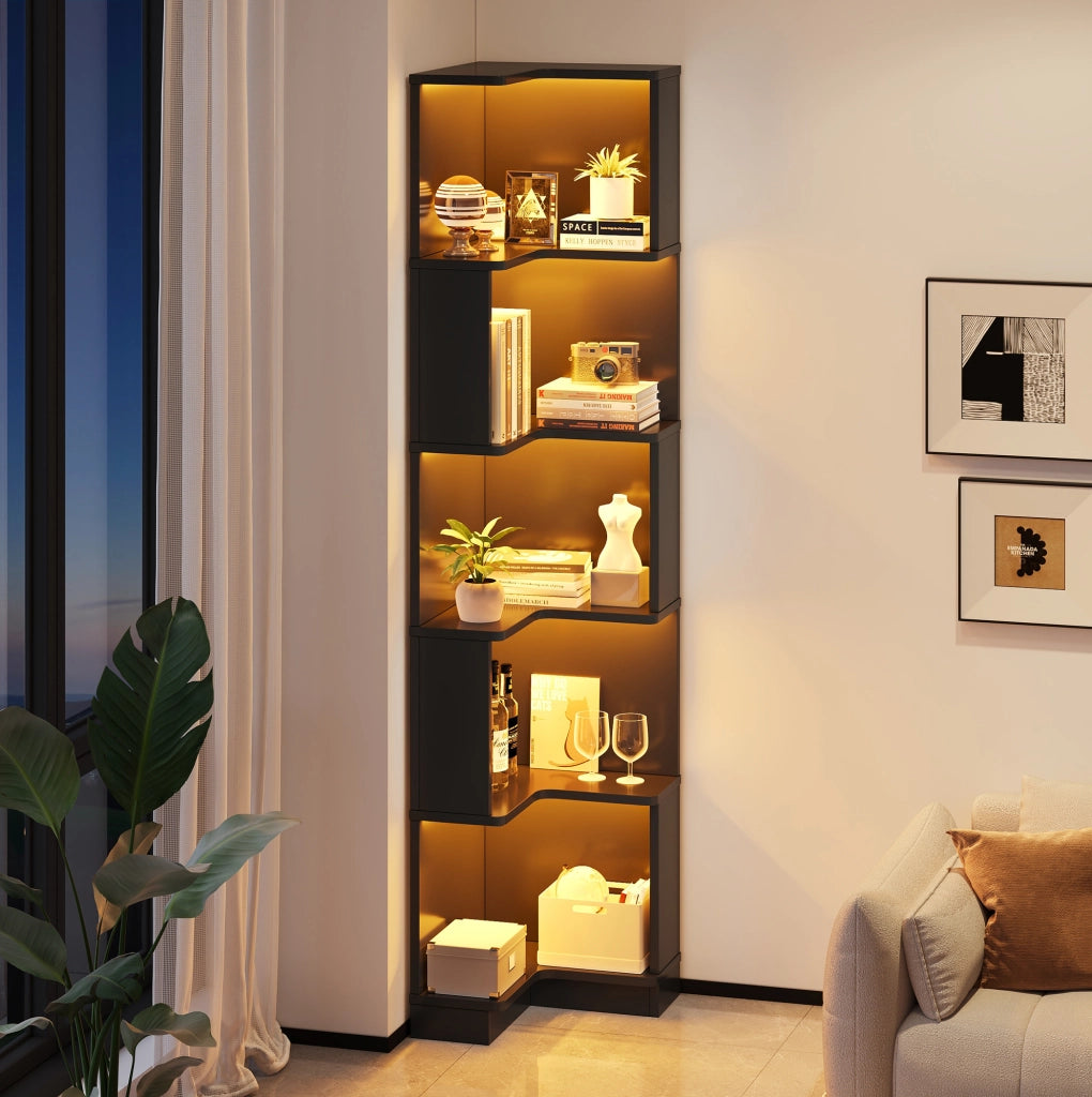 Libreria angolare 63.5x45x175 cm con luci LED a colore variabile; 5 ripiani in MDF nero