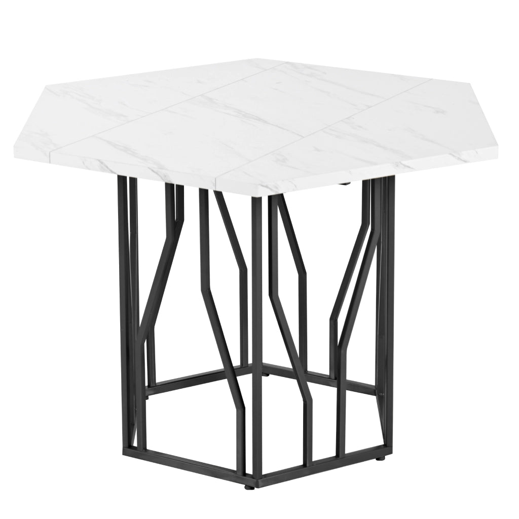 Tavolo da pranzo moderno esagonale con piano effetto marmo e base in metallo nero