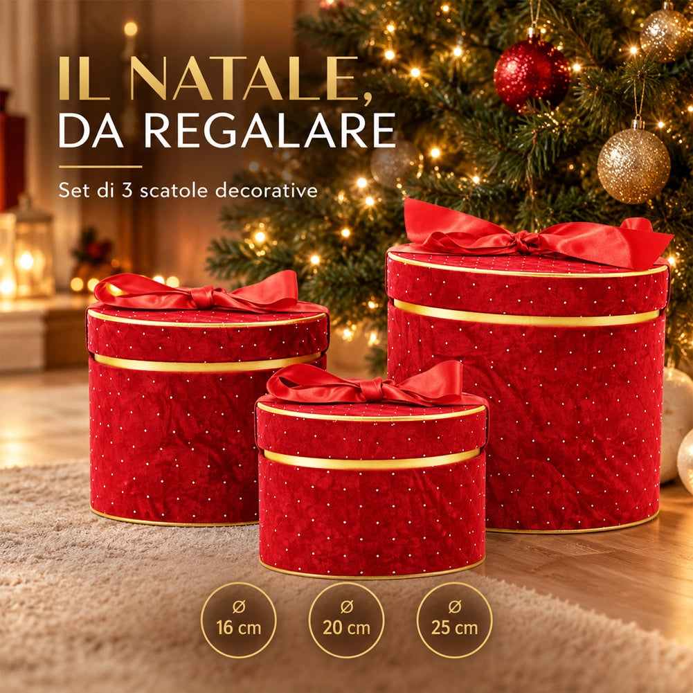 Set 3 Scatole Ovali Decorazione Natalizia Rosso 16/20/25cm Scatola con Fiocco