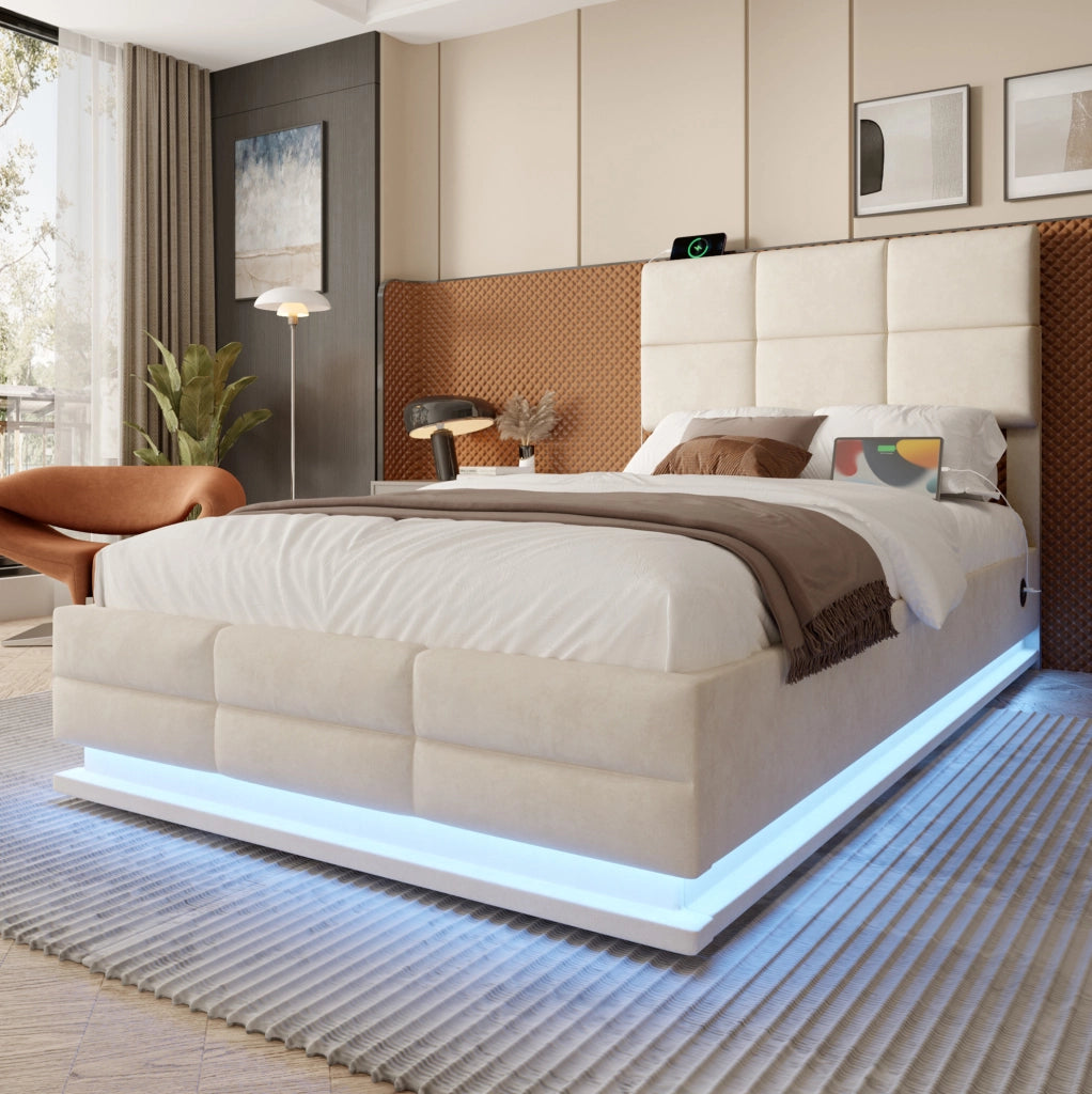 Letto imbottito moderno 90x200 cm in velluto beige con testiera regolabile; LED e USB