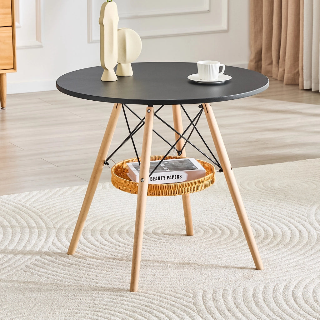 TAVOLO rotondo Ø 80 cm in MDF nero e legno massello con cestello sospeso