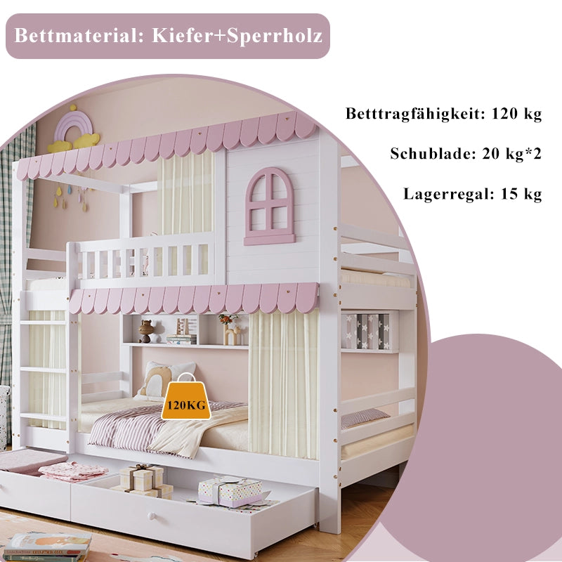 DESMIU Letto a castello bambino 90 × 200 cm 2 posti con finestre, tende, 2 cassetti, ripiani, senza materasso, bianco e rosa