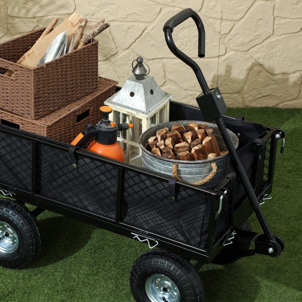 Carrello da Giardino 105x51x54 cm da 114L con Sacca Portaoggetti e Pareti Rimovibili in Acciaio Nero
