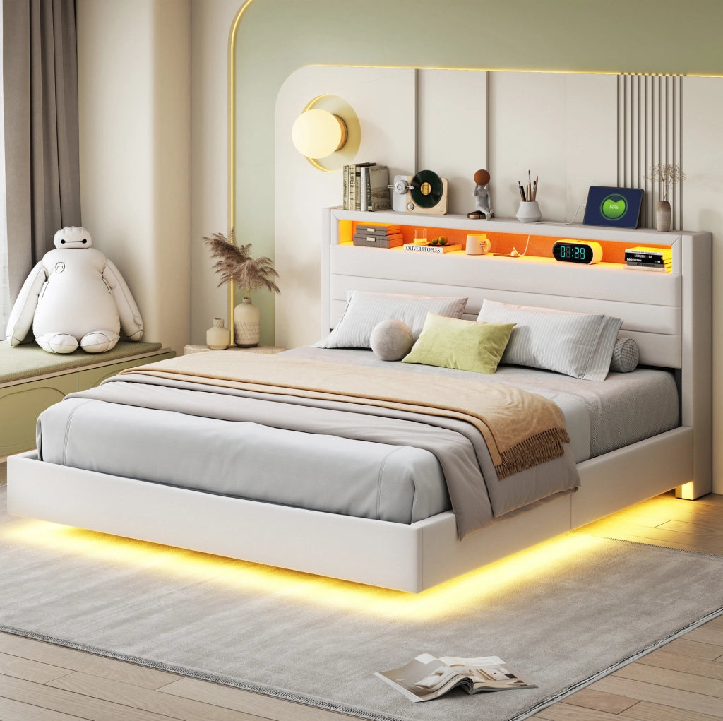Letto imbottito 160x200 cm con vano contenitore idraulico, LED e USB