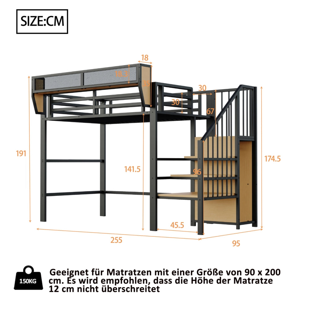 Letto a soppalco 90x200 in metallo con scala di sicurezza e ripiano flessibile, nero