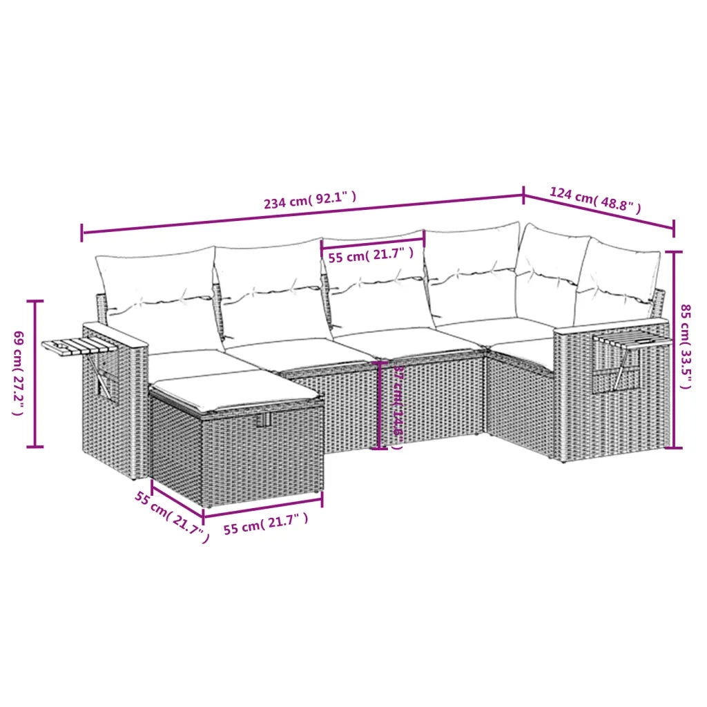 Set Divano da Giardino 6 pz con Cuscini Beige in Polyrattan