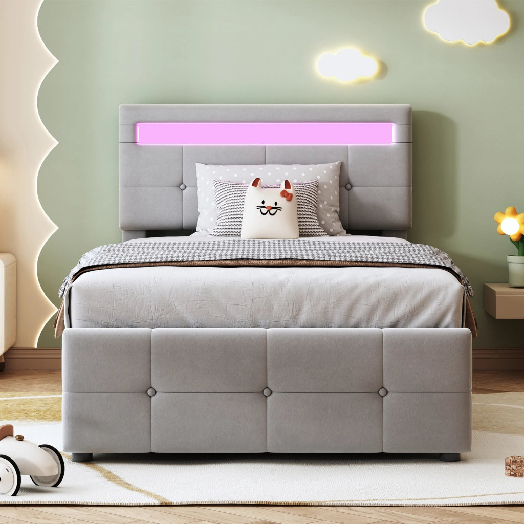 DESMIU Letto contenitore 90 × 200 cm 1 posto con LED, vano idraulico, testiera regolabile, senza materasso, in velluto, grigio