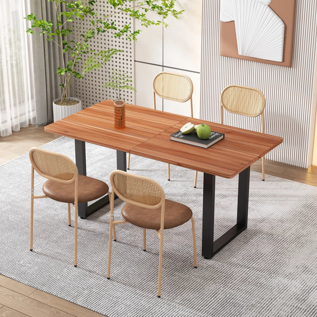 Sedia da pranzo Set da 4 con schienale ovale in rattan naturale, gambe in metallo, PU Marrone