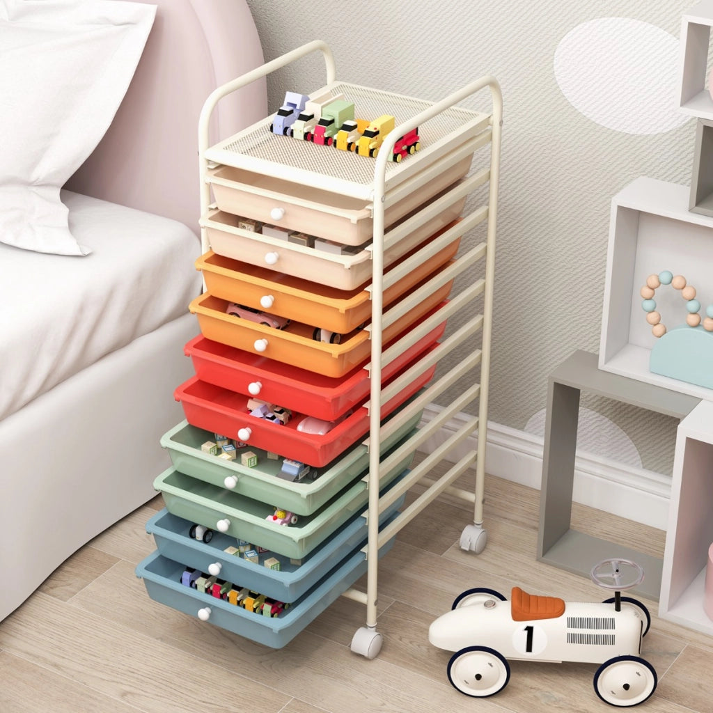 Carrello cassettiera multiuso con 10 cassetti da cucina-Scaffale Contenitore con ruote a 10 ripiani per bagno Colorato 2