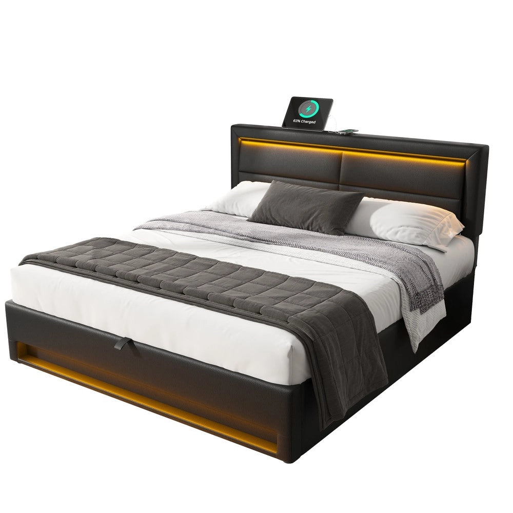 Letto Imbottito con LED e Contenitore ¨C Xylo ¨C Nero, 140x190, USB