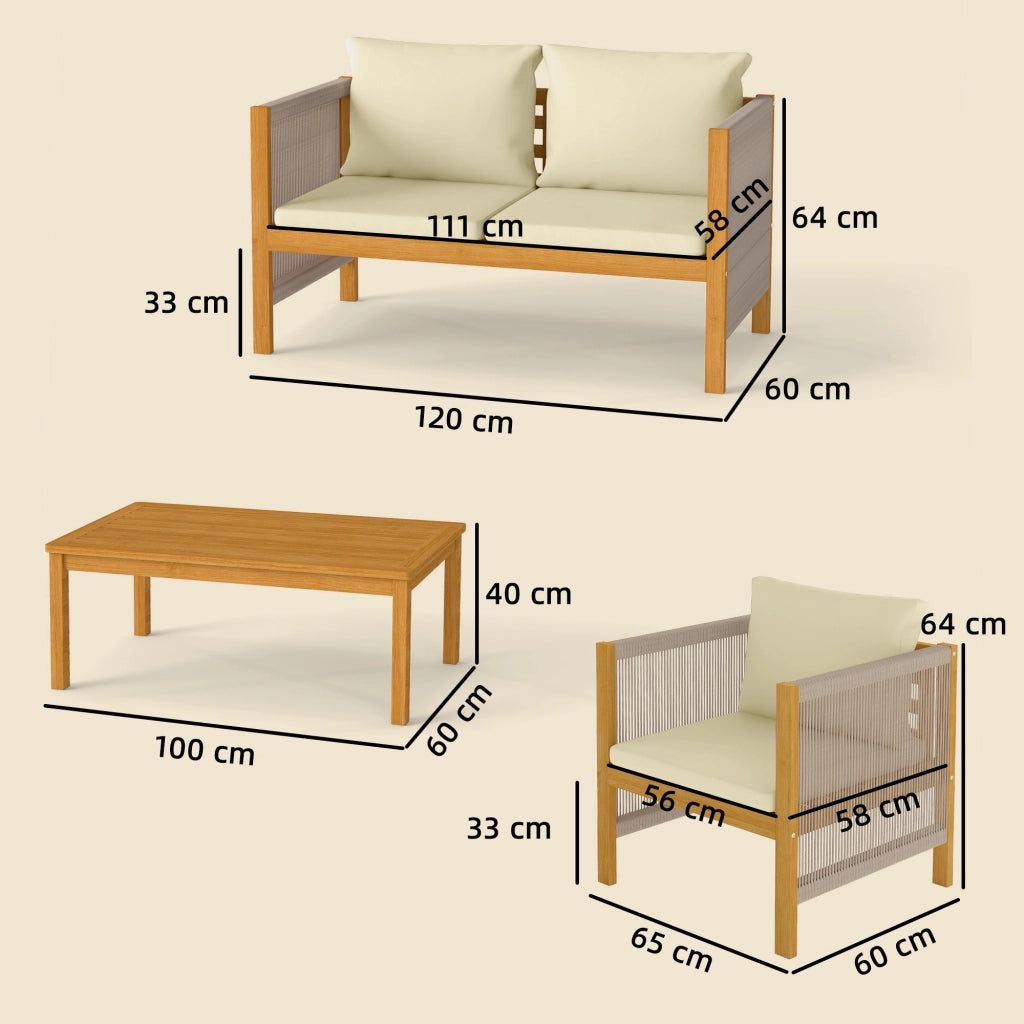 Set Salotto Giardino 4 Pezzi ¨C Zephmum ¨C Divanetto, 2 Poltrone con Cuscini, Tavolino Legno Acacia