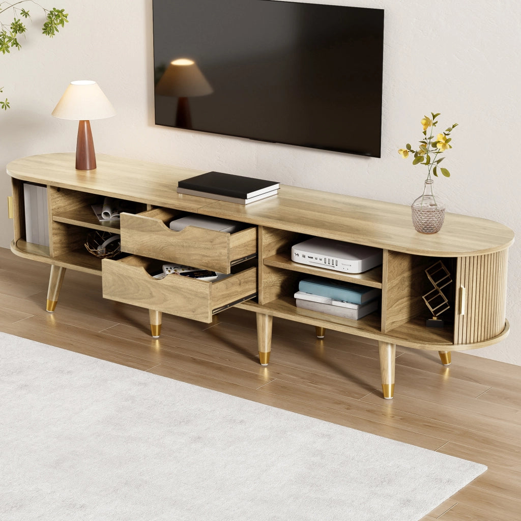 Mobile TV 175x38x45 cm Effetto Rovere con Anta Scorrevole, Cassetti, Vani Aperti e Portata 60 kg