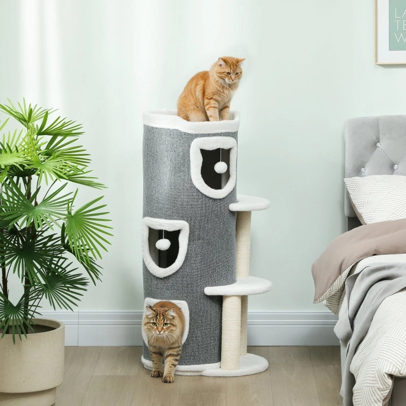 Torre per gatti da 101 cm, 3 livelli, 3 cucce per dormire, palline da gioco, tiragraffi, sisal, truciolato, grigio