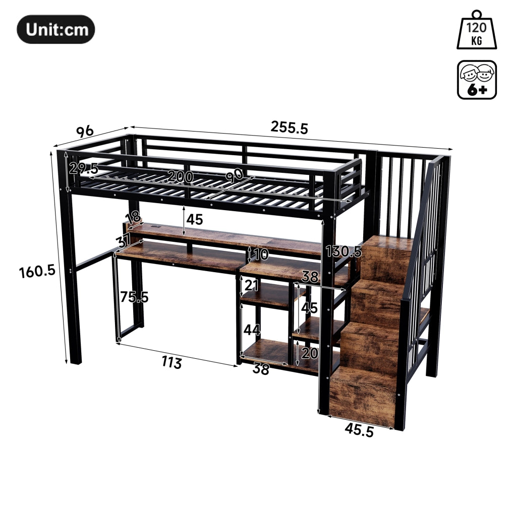 Letto a soppalco 90x200 cm in metallo e MDF; nero; con LED; USB e vano contenitore
