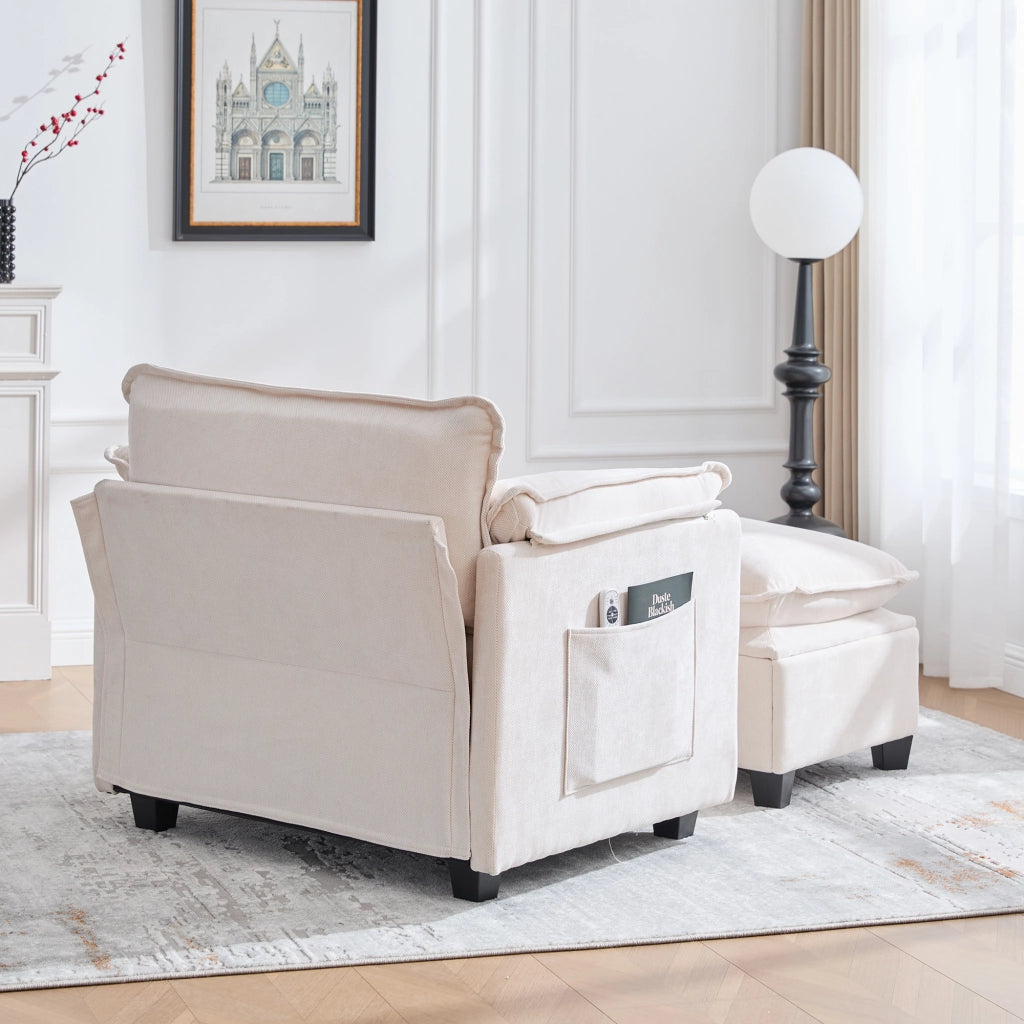 Poltrona con Pouf Ampia con Vano Contenitore, Tasca Laterale e Cuscino, in Ciniglia Beige