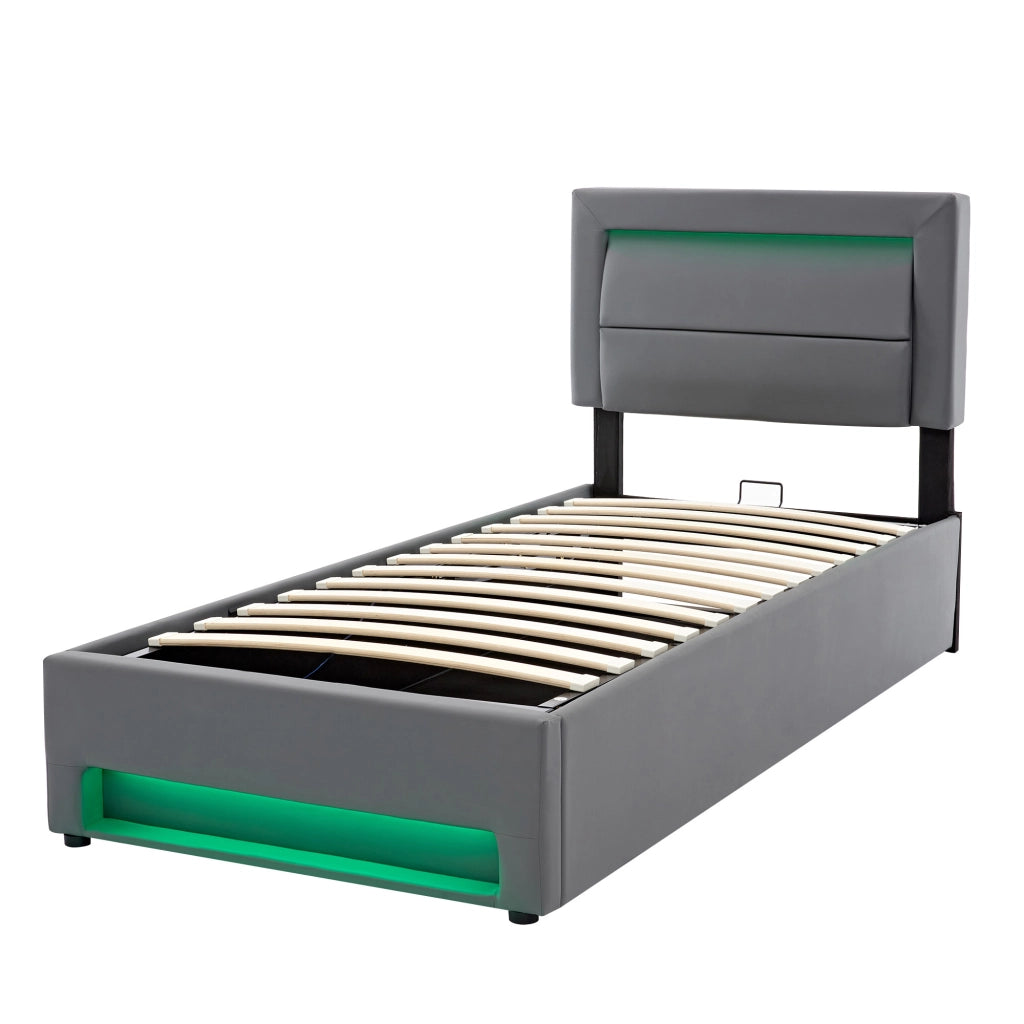 Letto imbottito con USB, LED e contenitore, 90 x 190 cm, grigio