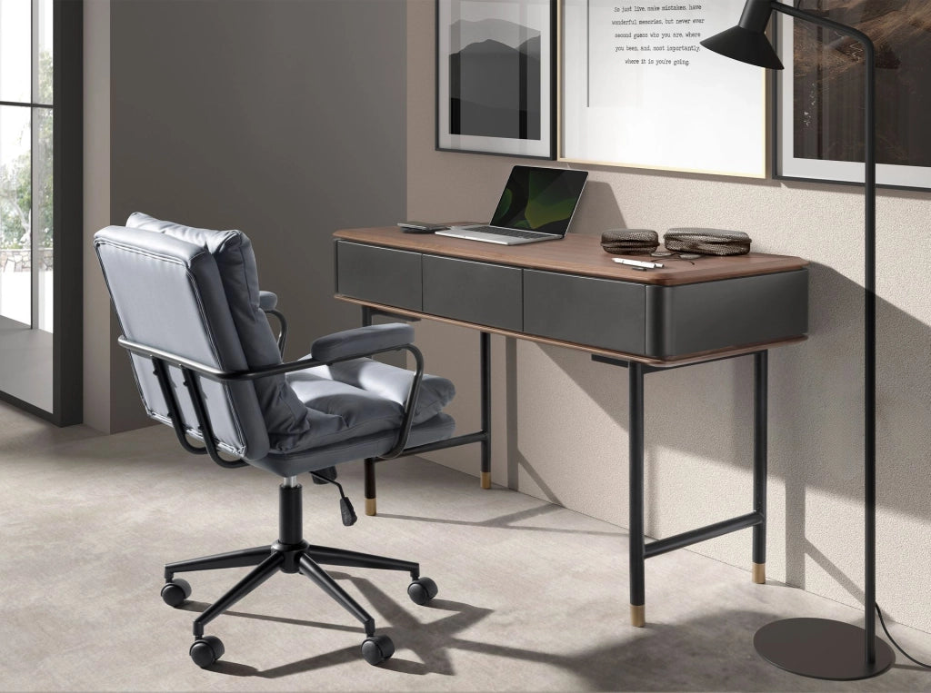 Console rettangolare in noce, legno grigio scuro opaco e acciaio nero