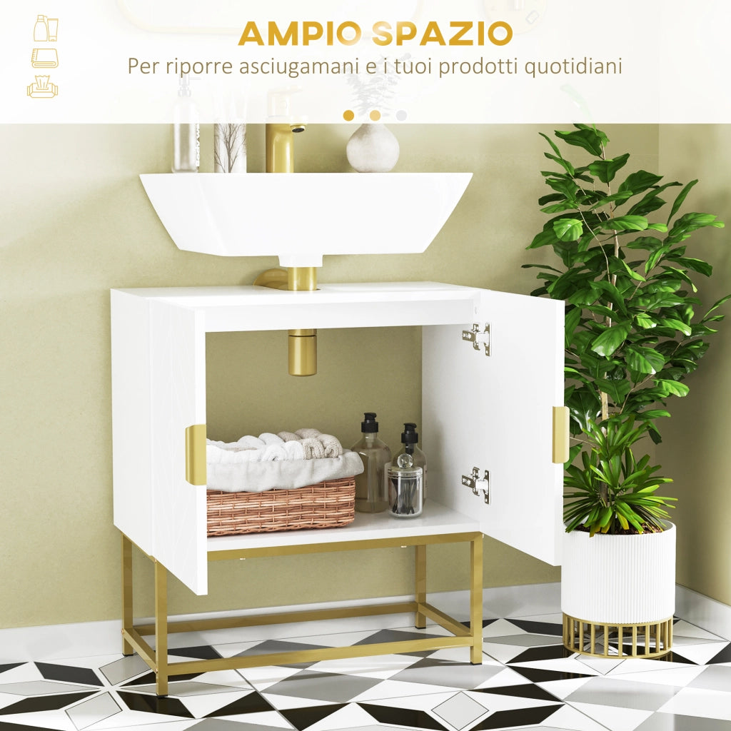 Mobile Sottolavabo Bagno con Armadietto 2 Ante ¨C Zephmum ¨C Legno e Acciaio, Bianco e Oro, 60x30x65cm