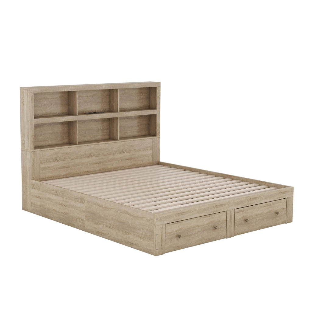 Letto matrimoniale 160x200 cm in truciolare naturale con testiera contenitore; USB e 2 cassetti